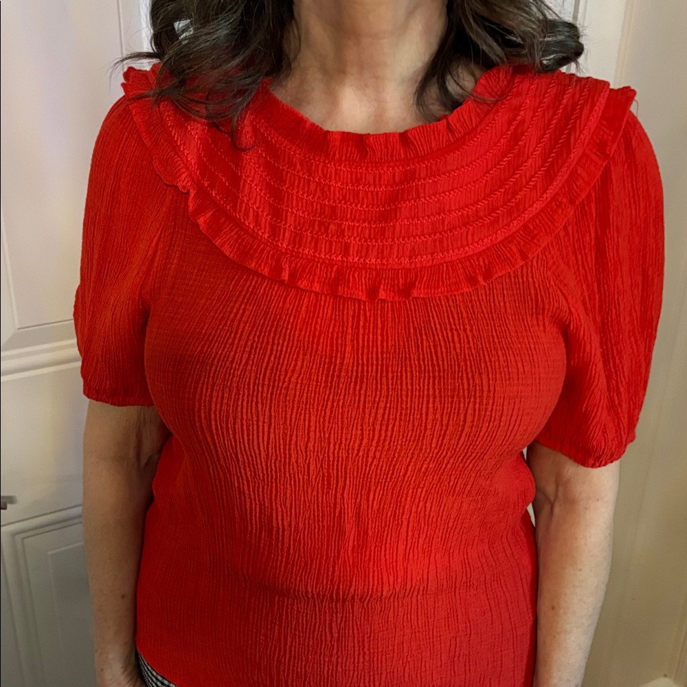 THML Red Textured Ruffle Yoke Blouse